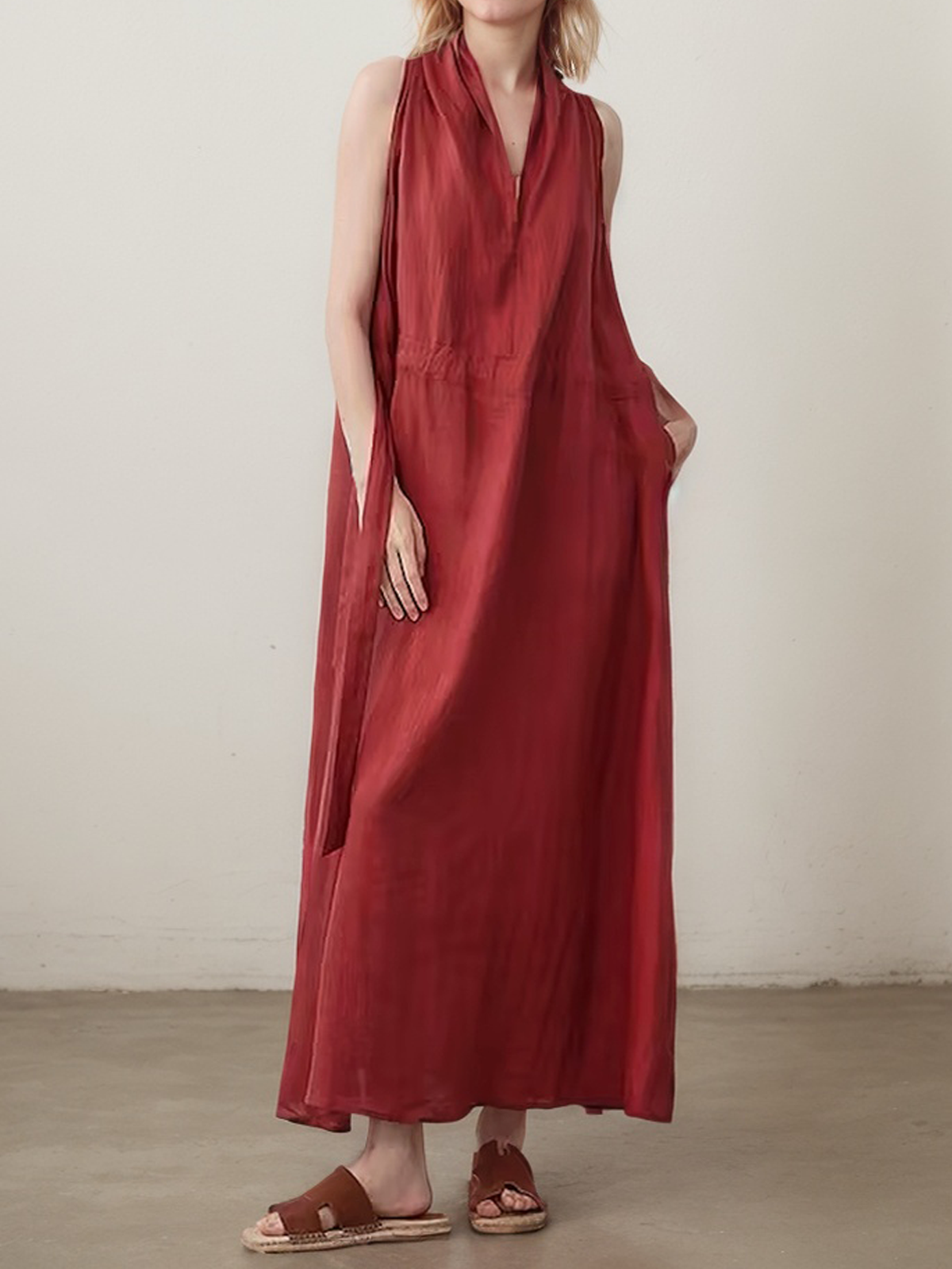 Linen V Neck Plain Sleeveless Maxi Dress