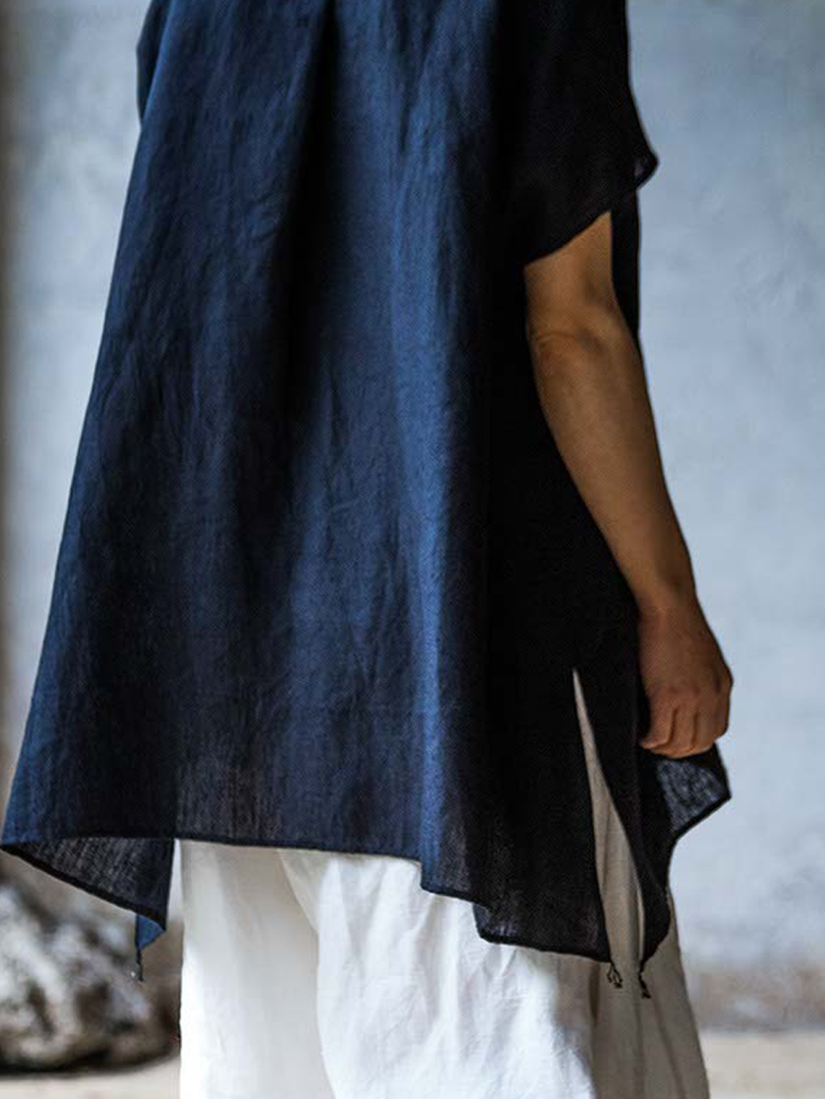 Cotton And Linen Stand Collar Plain Sleeveless Blouse