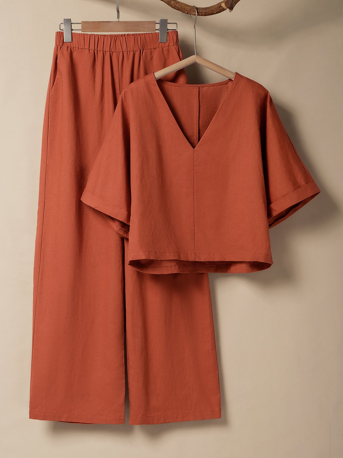 Cotton And Linen Crew Neck Plain Short Sleeve Top With Pants Two-piece Set