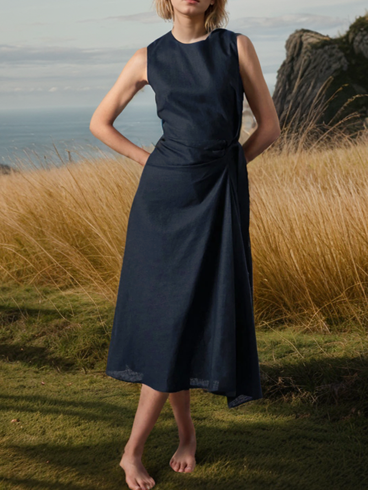 Linen Crew Neck Pleated Sleeveless Midi Dress