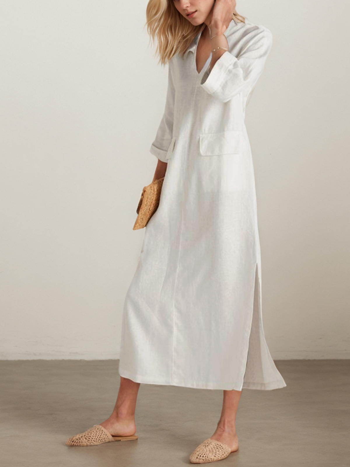 Cotton And Linen V Neck Slit Long Sleeve Maxi Dress
