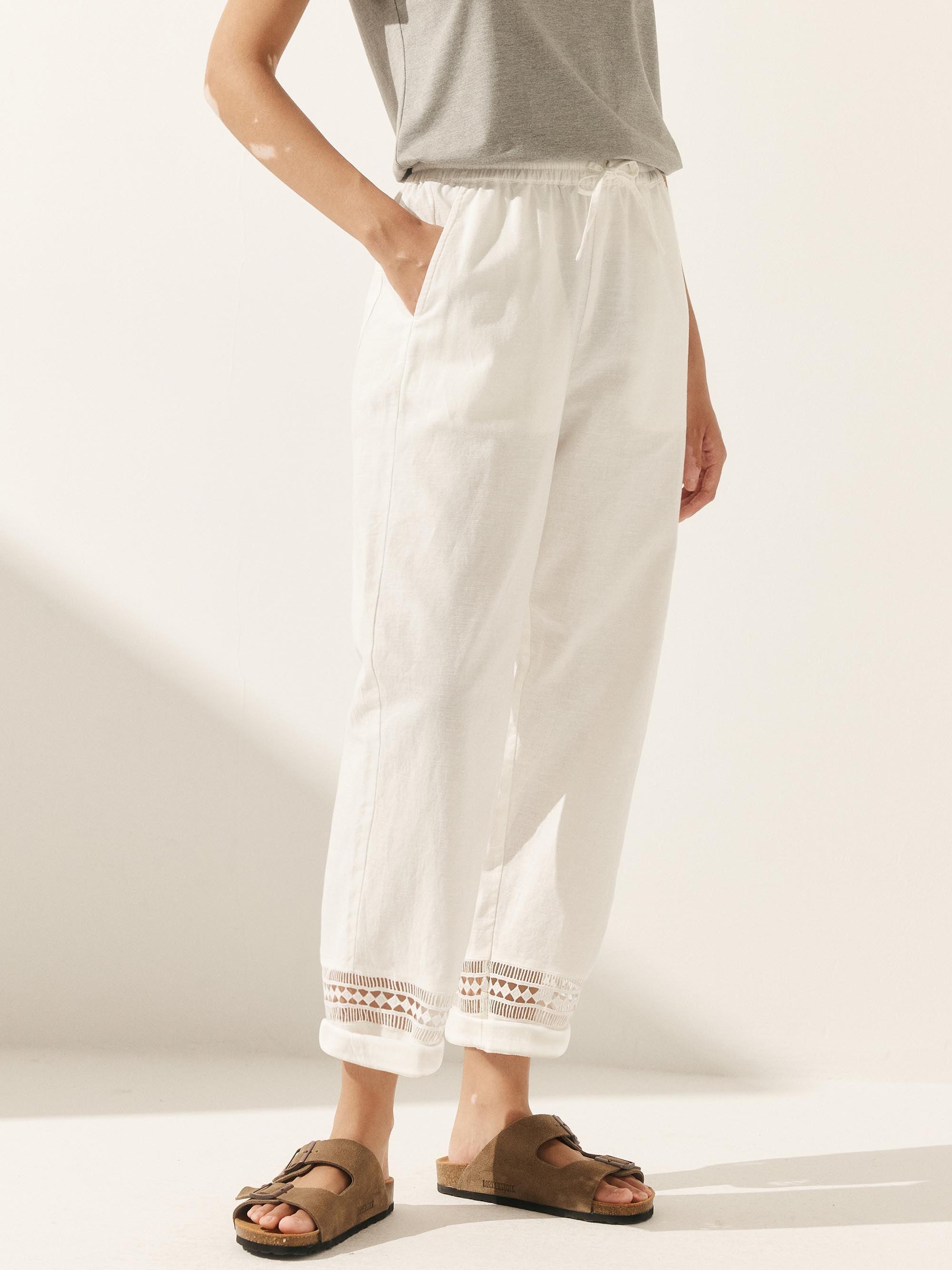 Linen Hollow Lace Stitching Elastic Waist Ankle Length Pants RITA