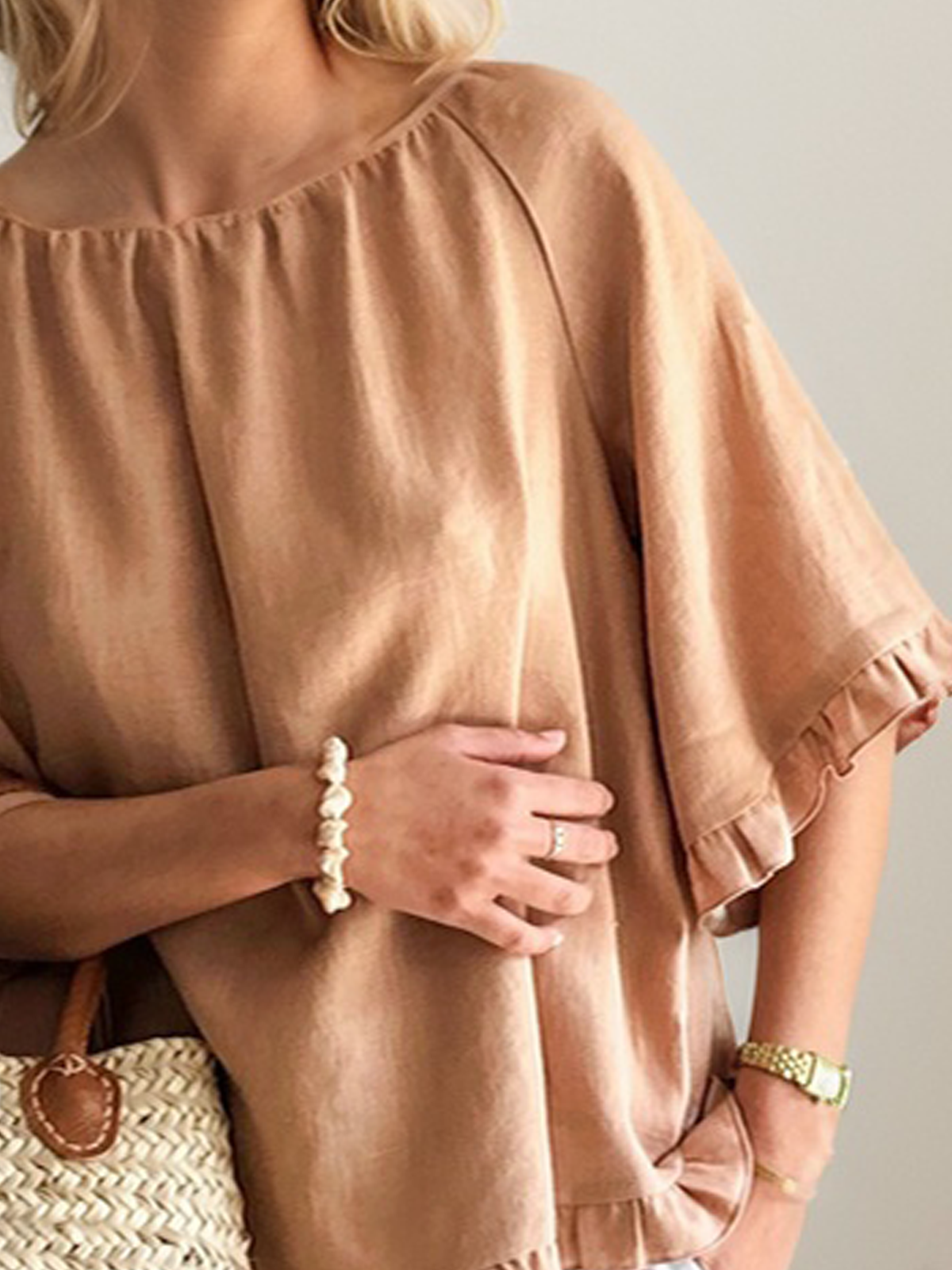 Linen Crew Neck Plain Short Sleeve Blouse