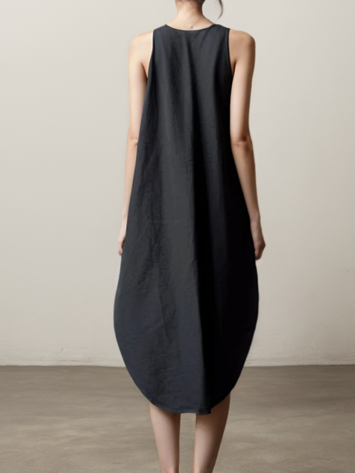 Cotton And Linen Crew Neck Plain Sleeveless Mini Dress