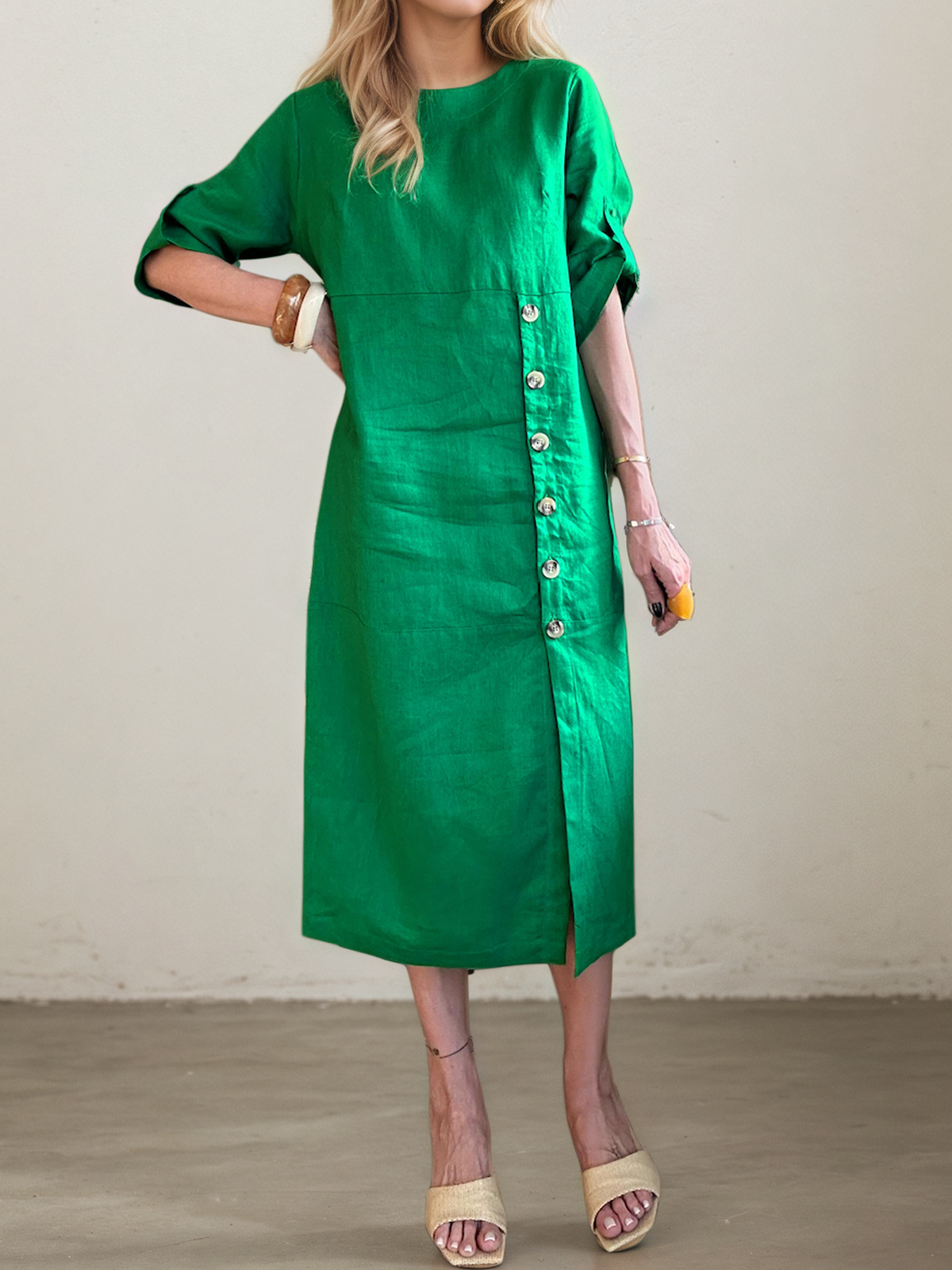 Linen Crew Neck Plain Short Sleeve Midi Dress