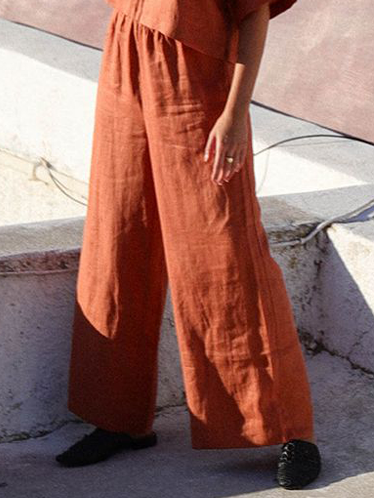 Cotton And Linen Crew Neck Plain Short Sleeve Top With Pants Two-piece Set