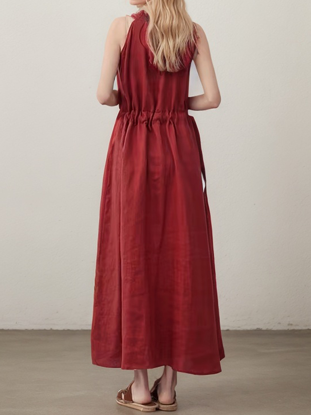 Linen V Neck Plain Sleeveless Maxi Dress