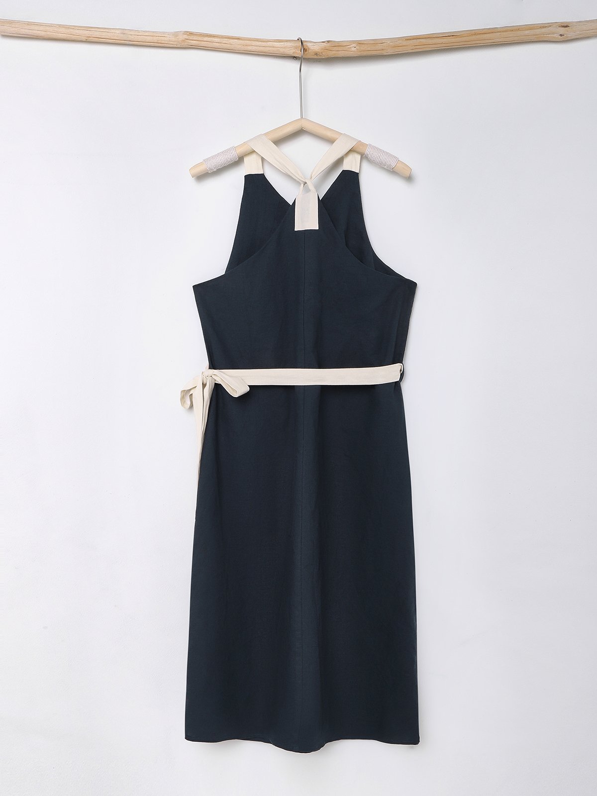 Linen Belt Design Sleeveless Midi Dress