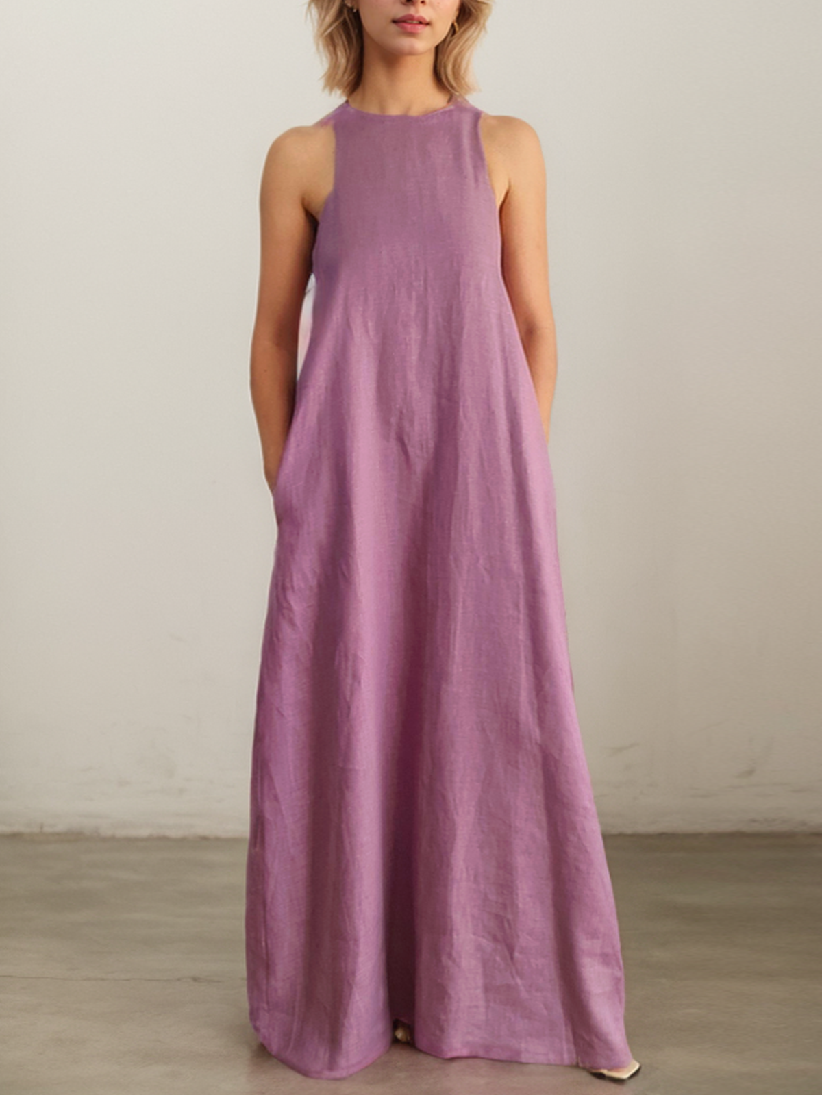 Cotton And Linen Crew Neck Plain Sleeveless Maxi Dress