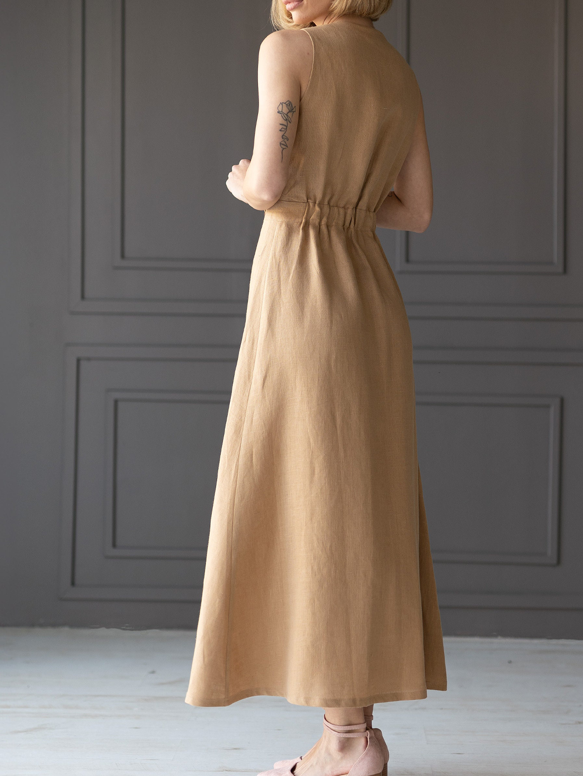 Cotton And Linen V Neck Slit Sleeveless Maxi Dress