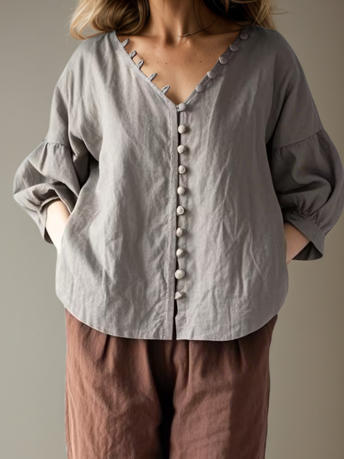Linen V Neck Plain Half Sleeve Blouse