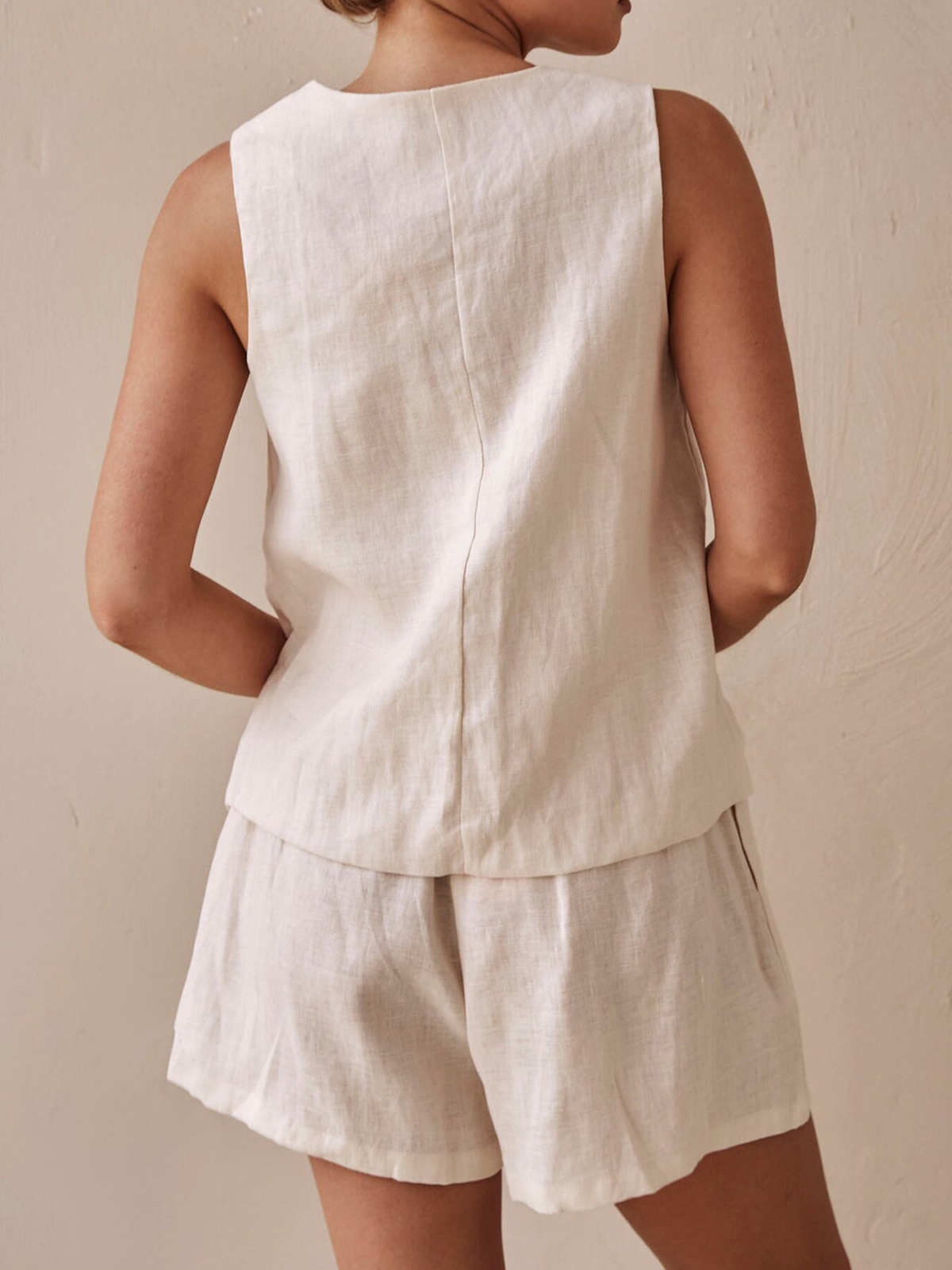 Cotton And Linen V Neck Plain Button Design Sleeveless Two-piece Set
