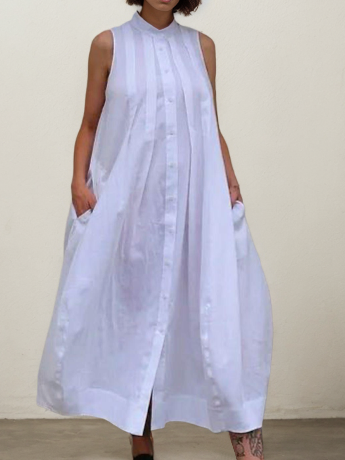 Cotton And Linen Stand Collar Pleats Sleeveless Maxi Dress
