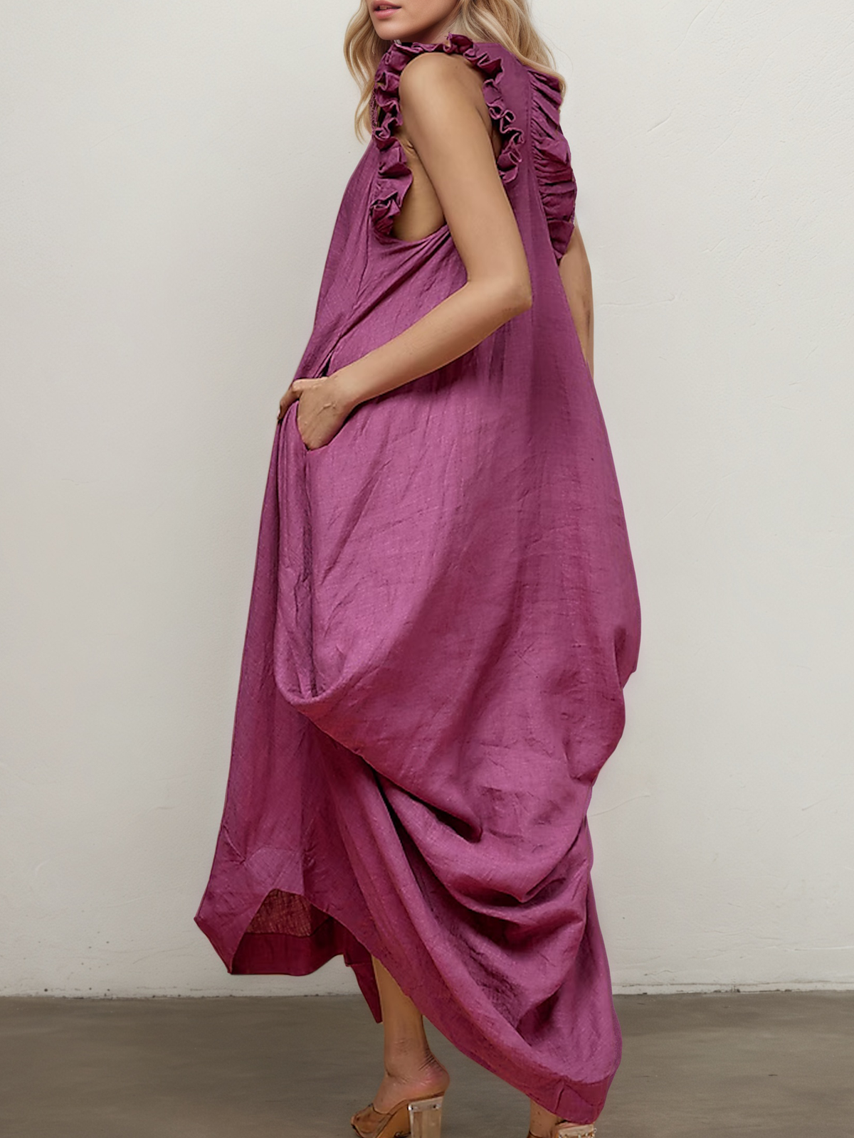 Linen Crew Neck Plain Sleeveless Maxi Dress