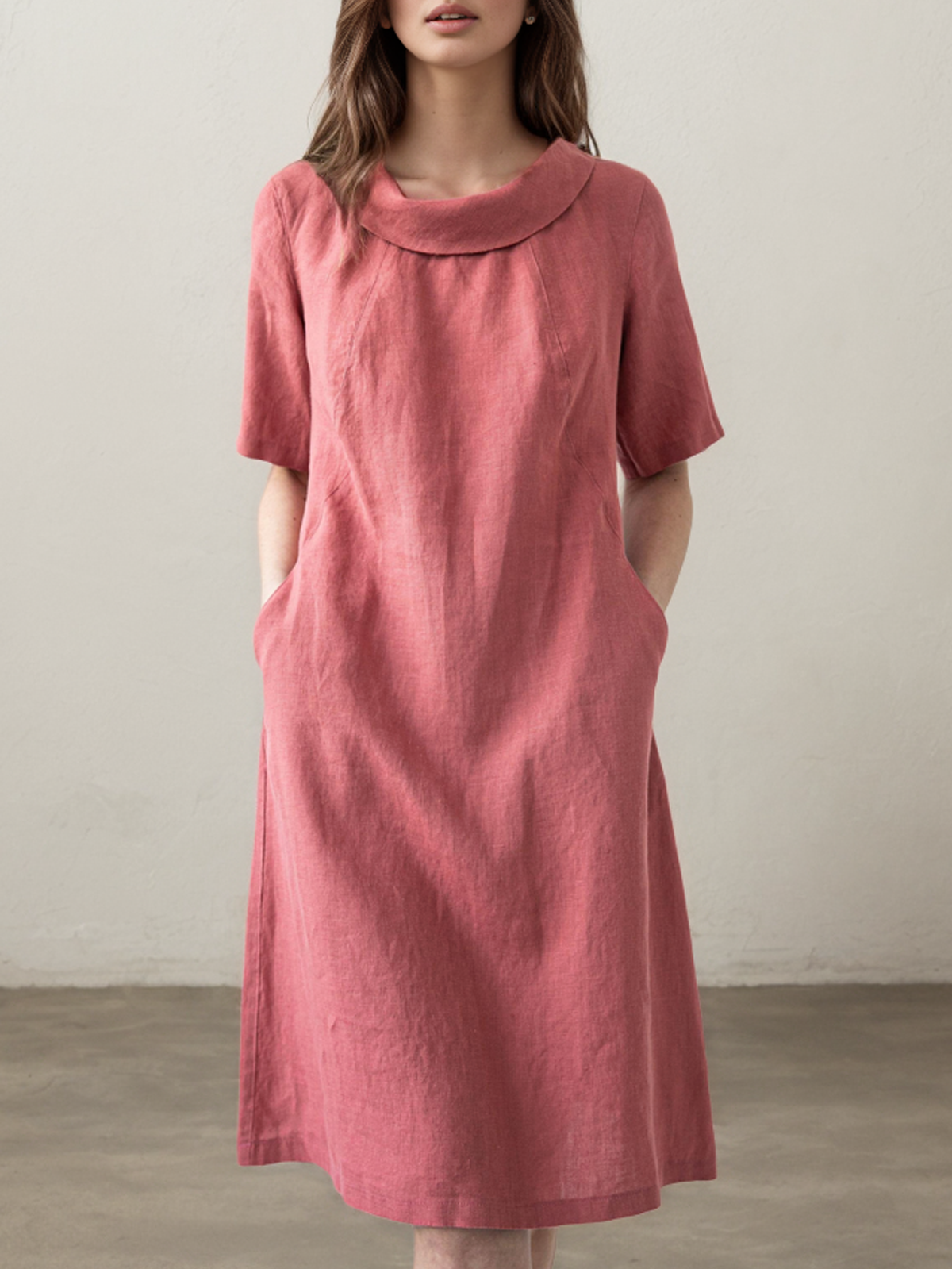 Cotton And Linen Crew Neck Plain Short Sleeve Midi Dress