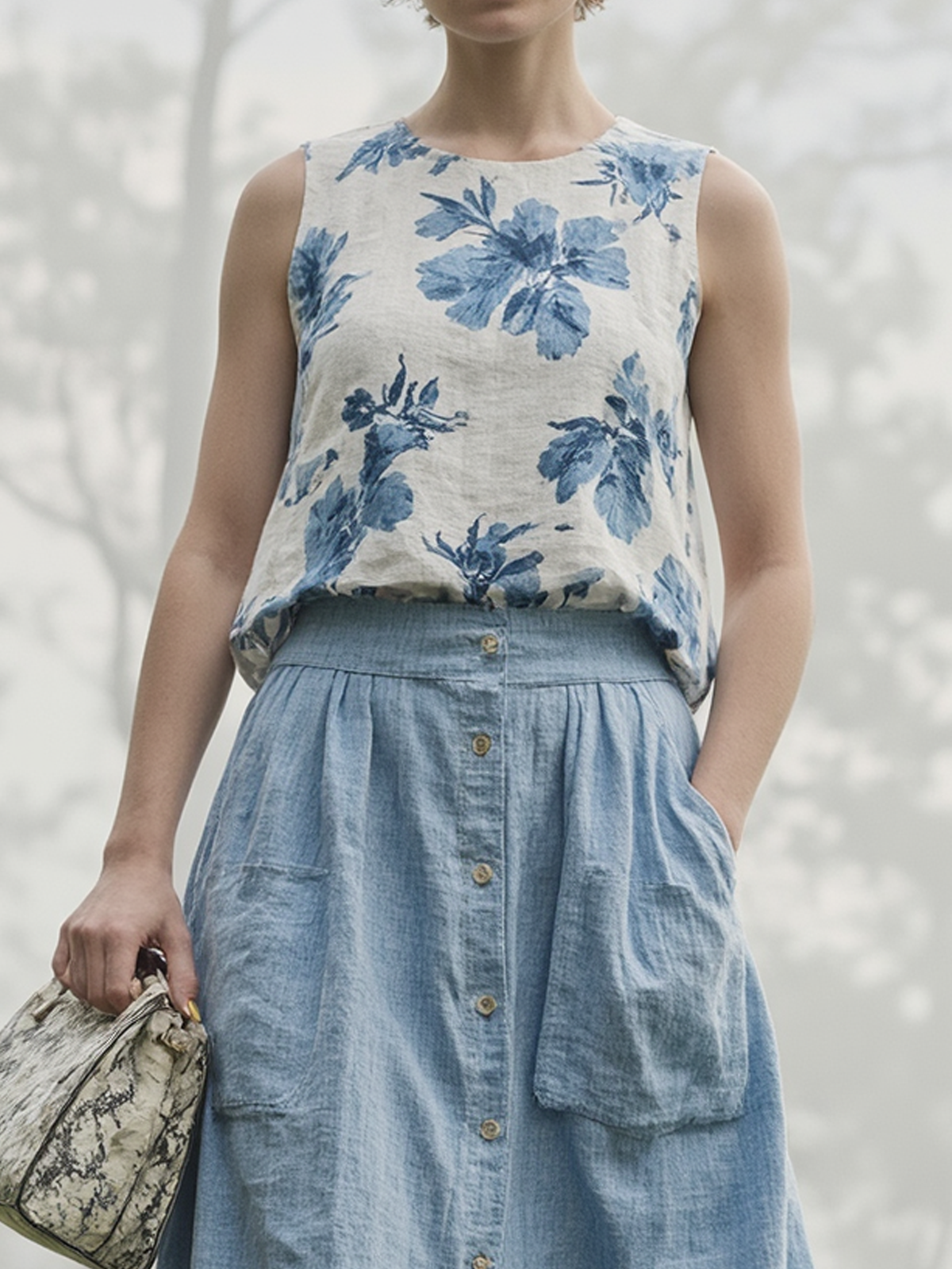 Linen Crew Neck Floral Sleeveless Tank Top