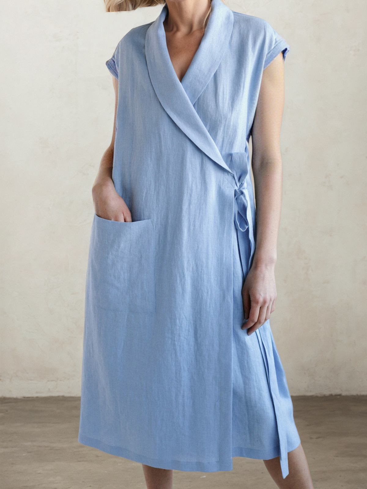 Linen Shawl Collar Plain Sleeveless Mini Dress