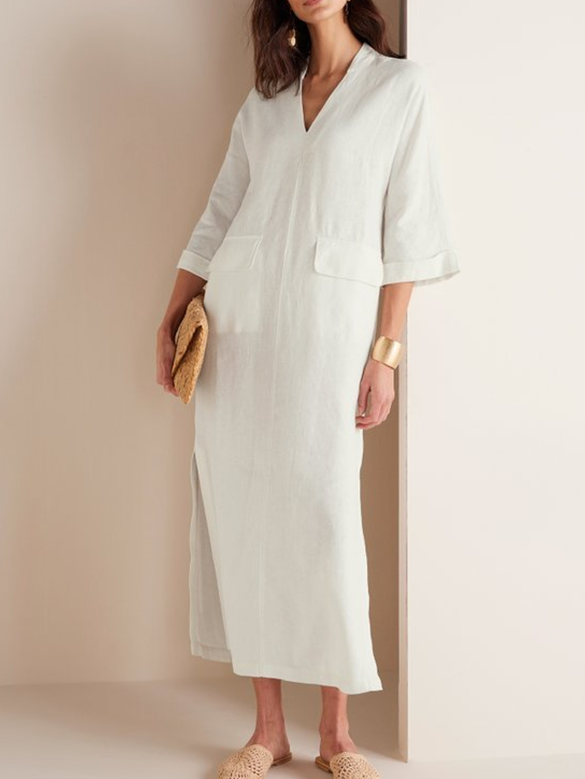 Cotton And Linen V Neck Slit Long Sleeve Maxi Dress