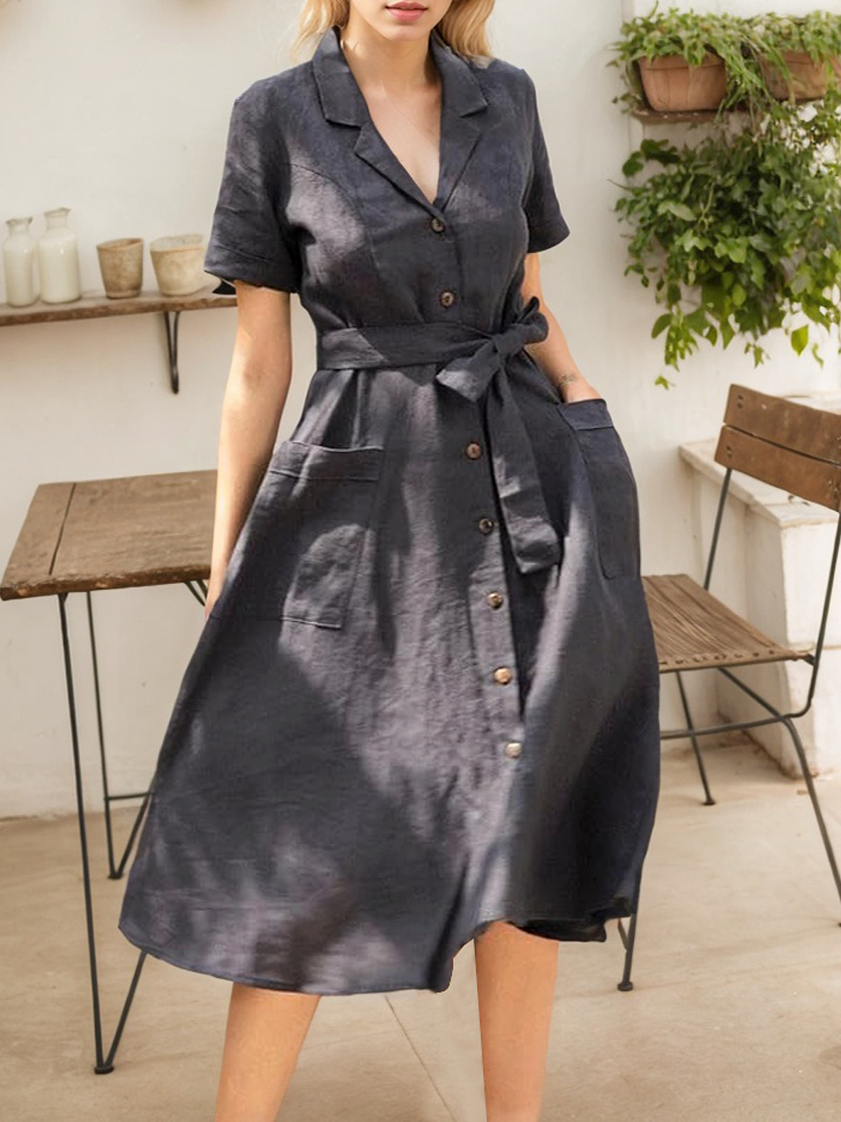 Cotton And Linen Camp Collar Plain Short Sleeve Maxi Dress