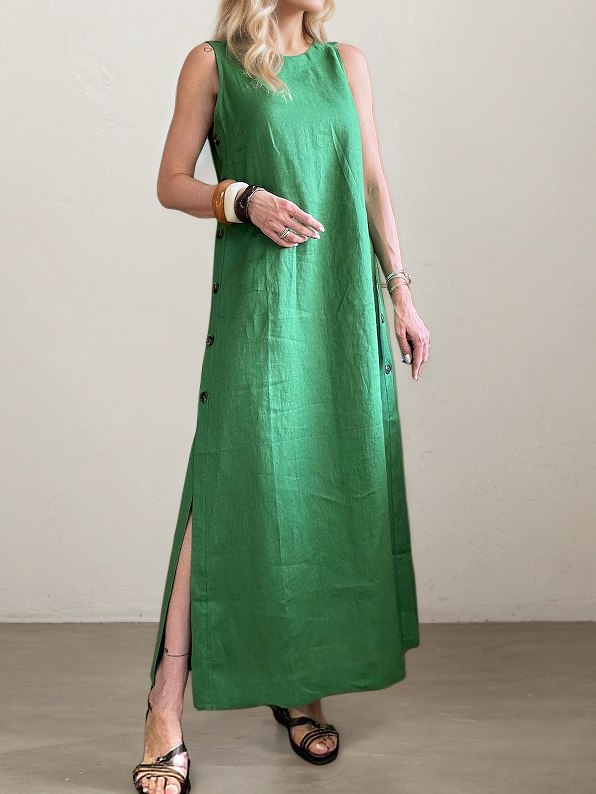 Linen Crew Neck Plain Sleeveless Maxi Dress