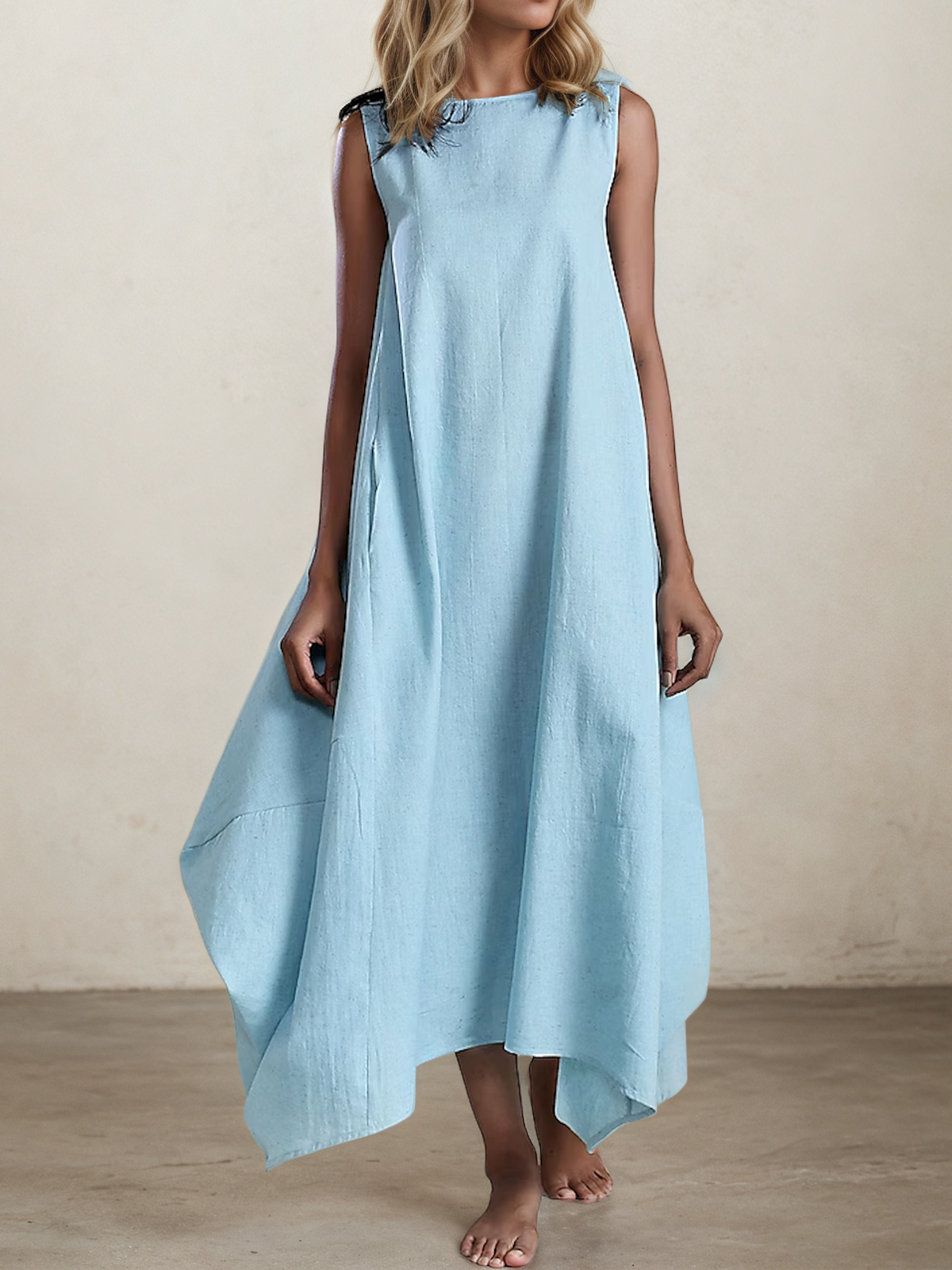 Linen Crew Neck Plain Sleeveless Maxi Dress