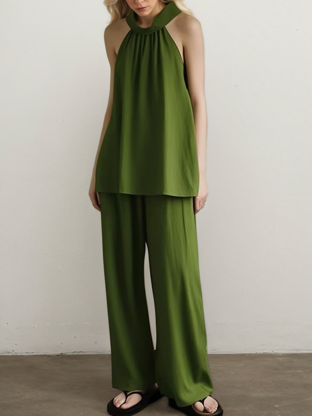 Linen Halter Plain Sleeveless Top With Pants Two-piece Set