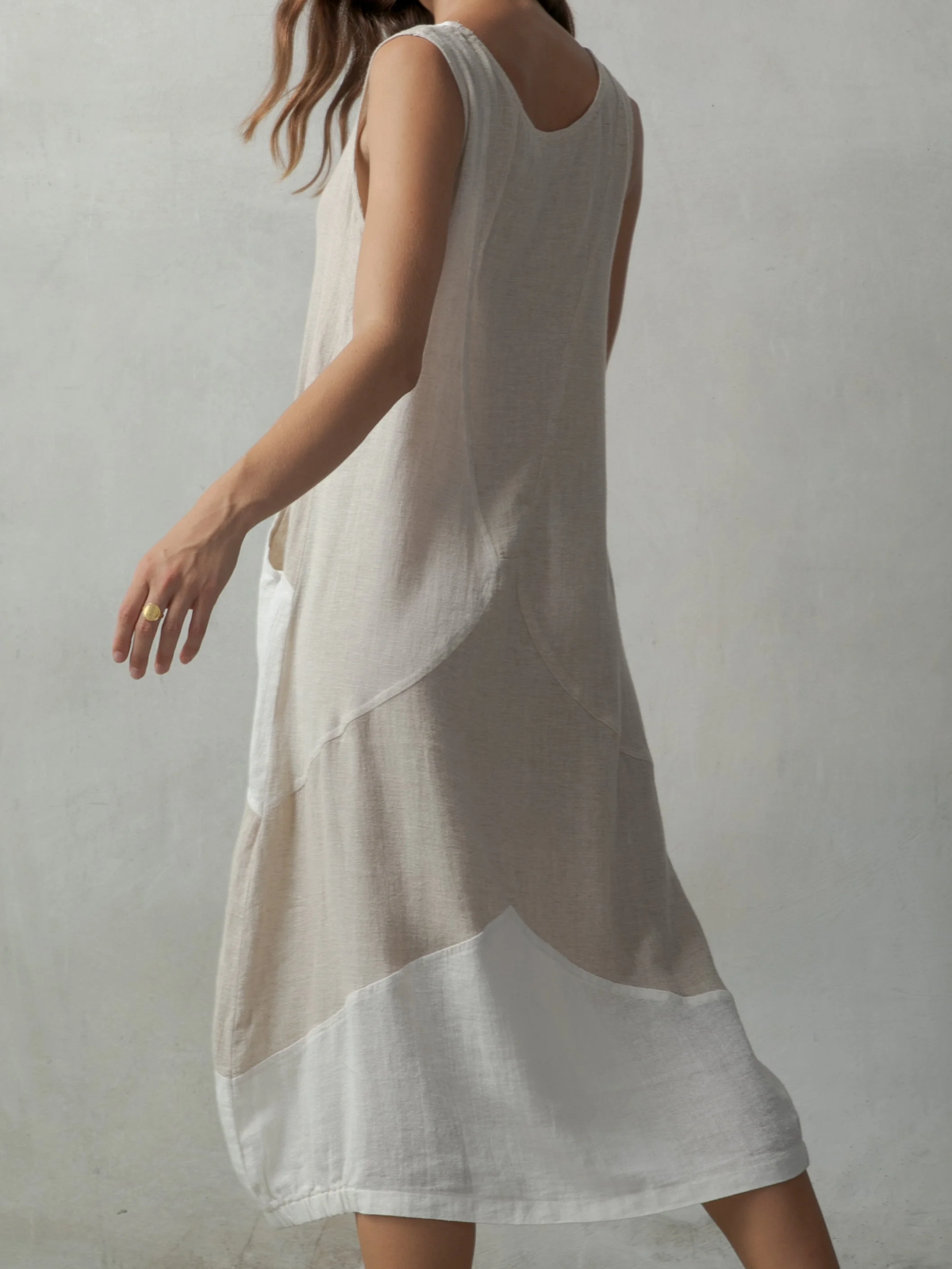 Linen-Cotton Geometric Patchwork Sleeveless Relaxed Fit Minimalist Natural Style Dress