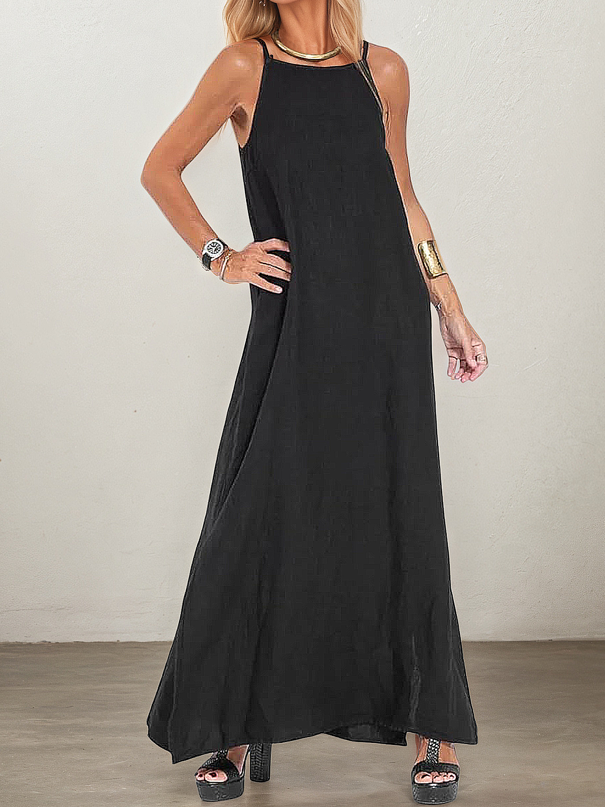 Linen Square Neck Plain Sleeveless Maxi Dress