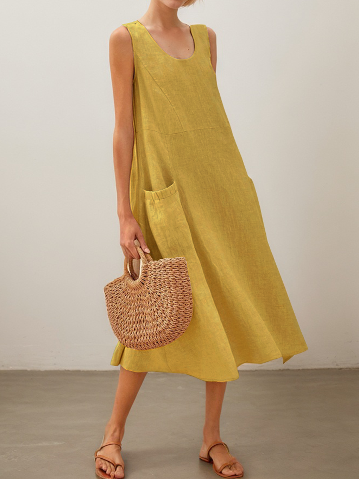 Cotton And Linen Crew Neck Plain Sleeveless Maxi Dress
