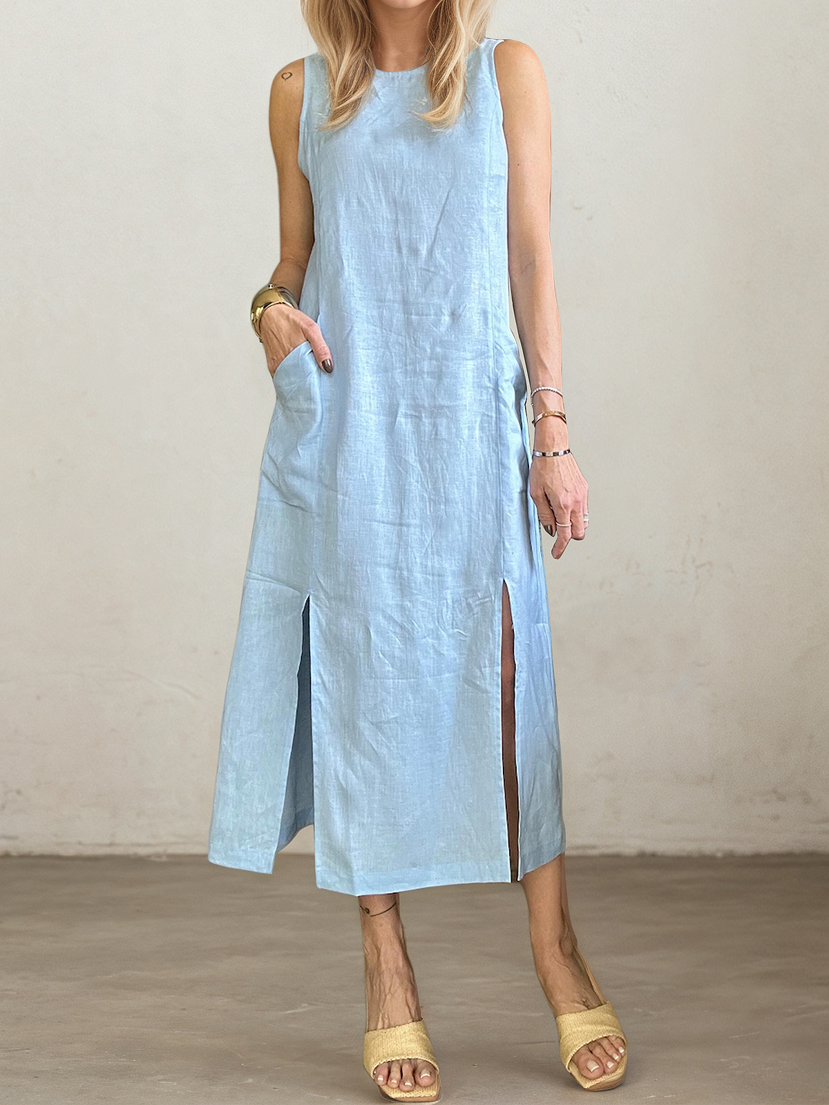 Linen Crew Neck Plain Sleeveless Maxi Dress