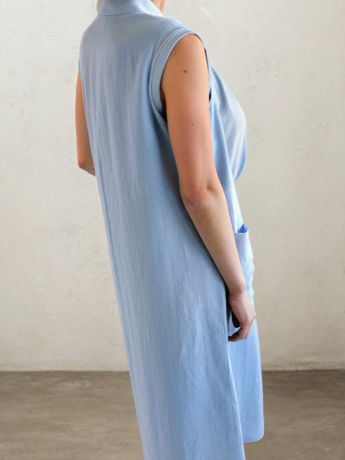 Linen Shawl Collar Plain Sleeveless Mini Dress