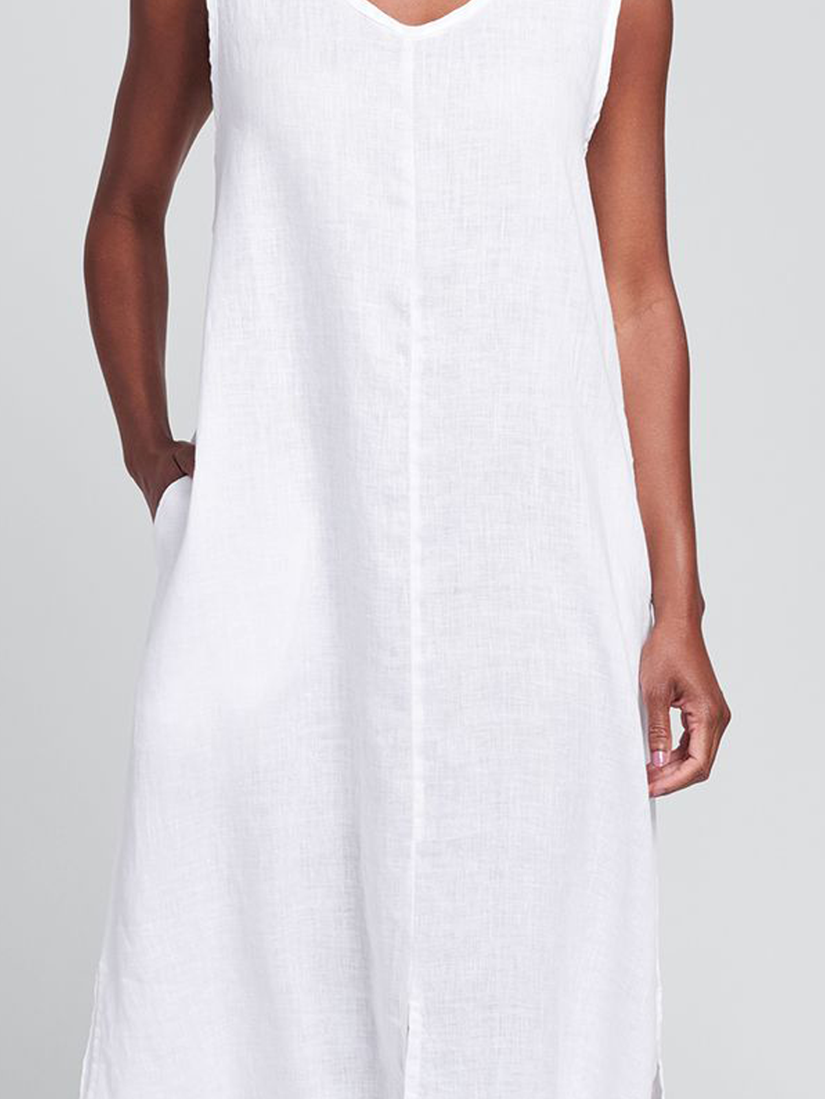 Cotton And Linen V Neck Plain Sleeveless Maxi Dress