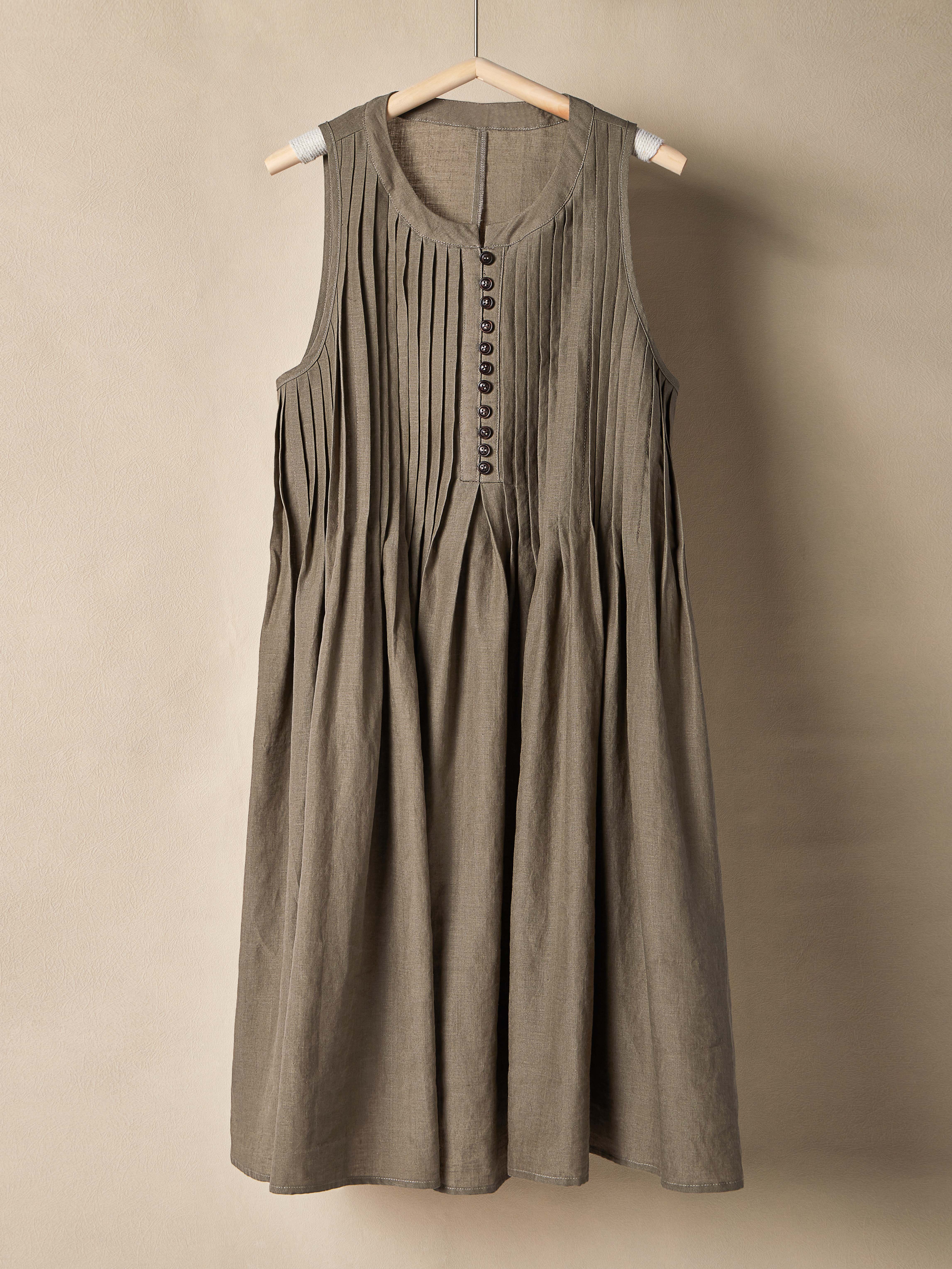 Cotton And Linen Crew Neck Plain Sleeveless Mini Dress