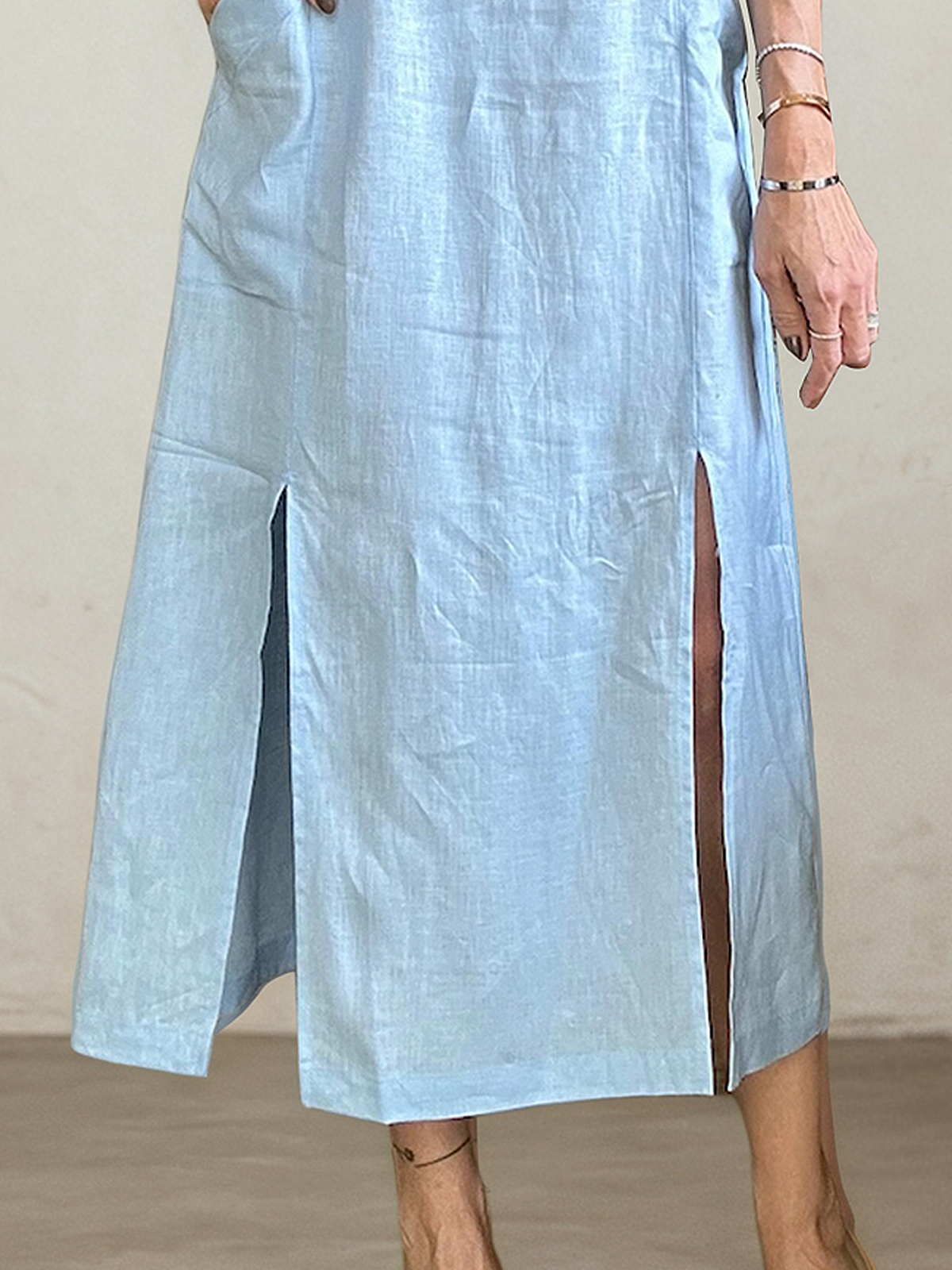 Linen Crew Neck Plain Sleeveless Maxi Dress