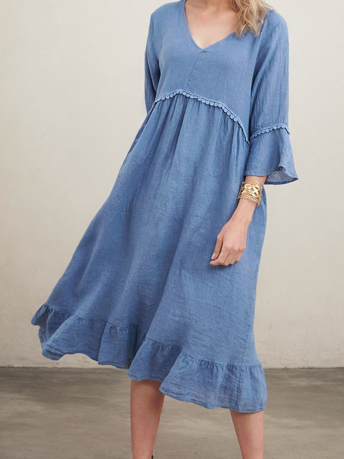 Linen V Neck Plain Short Sleeve Midi Dress