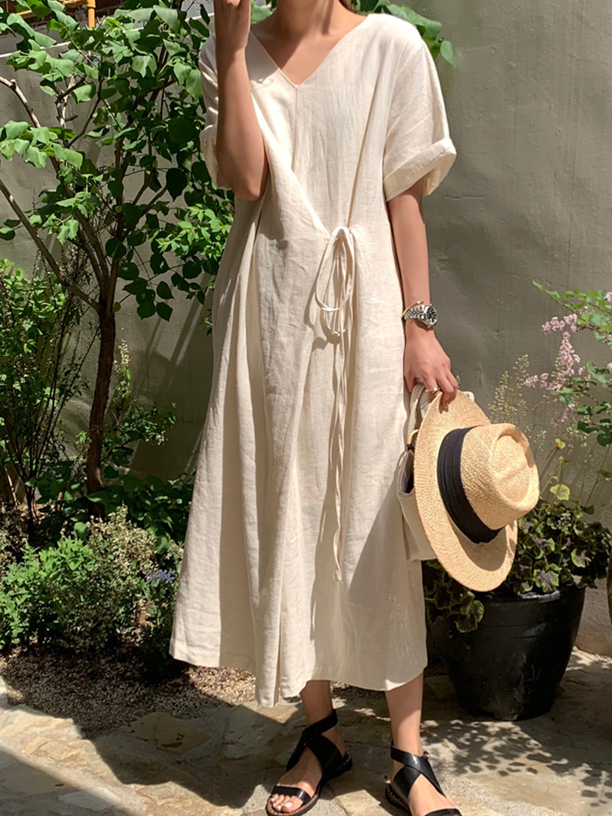 Cotton And Linen Crew Neck Plain Short Sleeve Maxi Dress