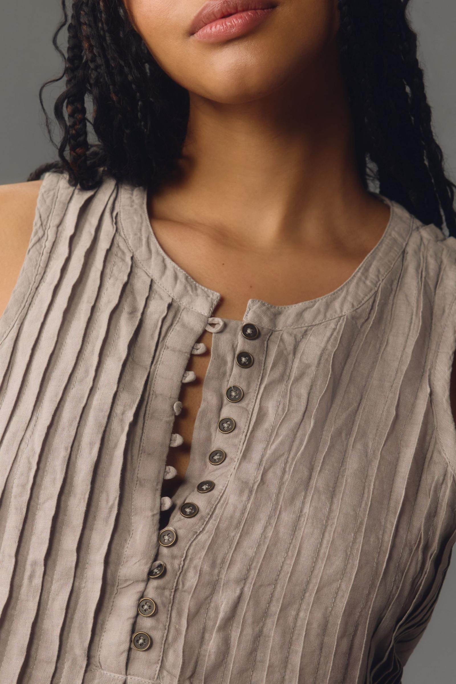 Cotton And Linen Crew Neck Plain Sleeveless Mini Dress