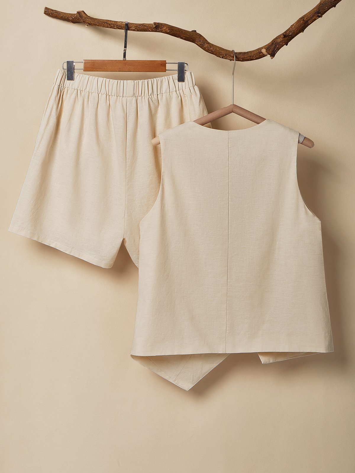 Cotton And Linen V Neck Plain Button Design Sleeveless Two-piece Set