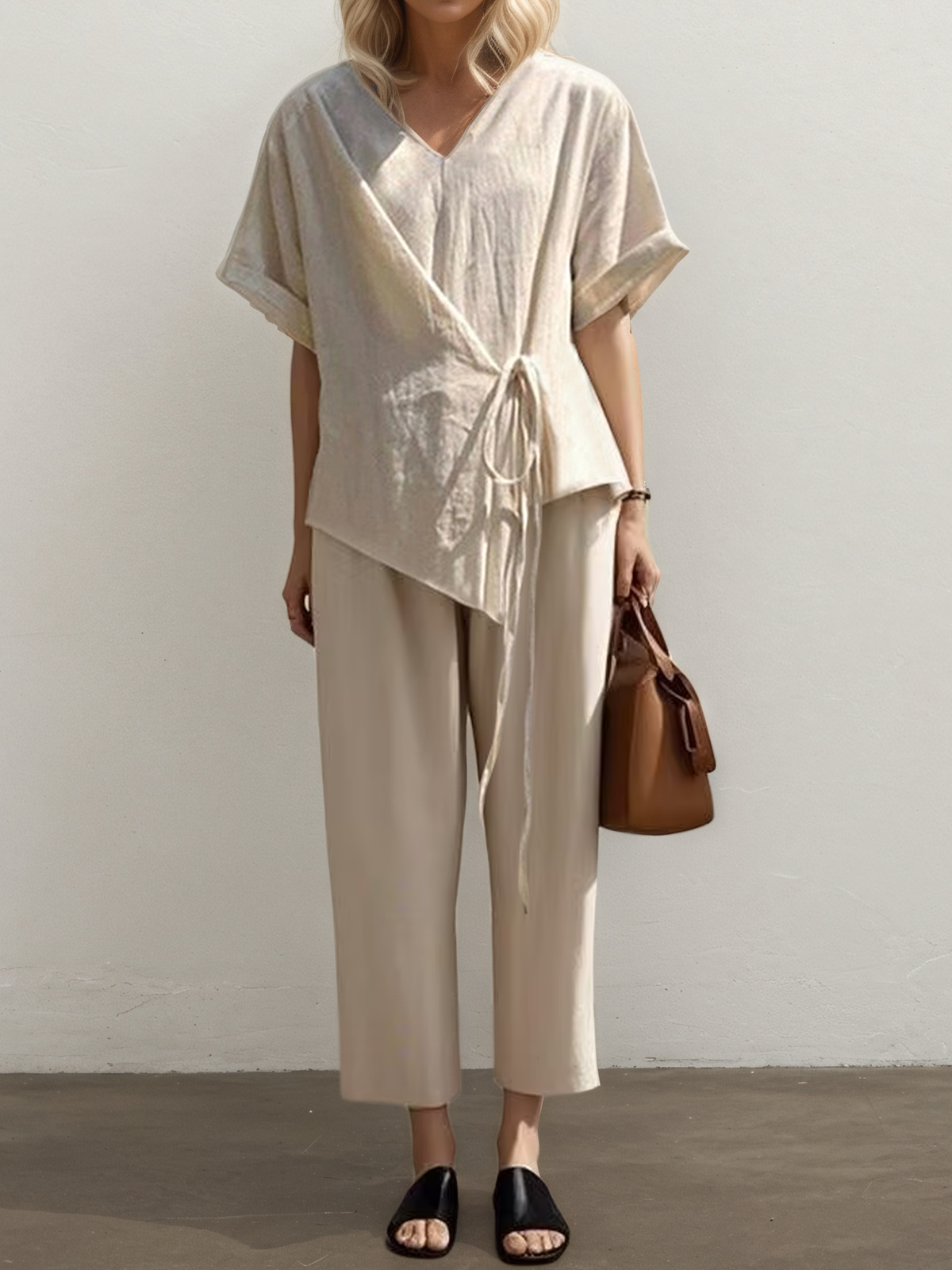 Linen V Neck Plain Short Sleeve Top With Pants Two-piece Set