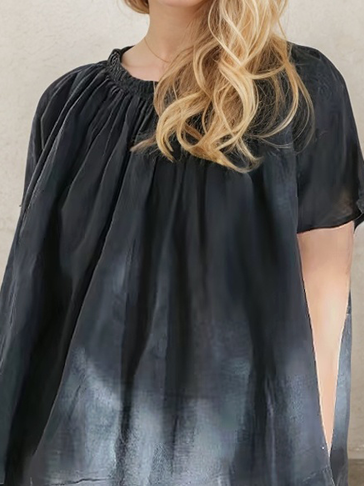 Linen Crew Neck Plain Short Sleeve Blouse