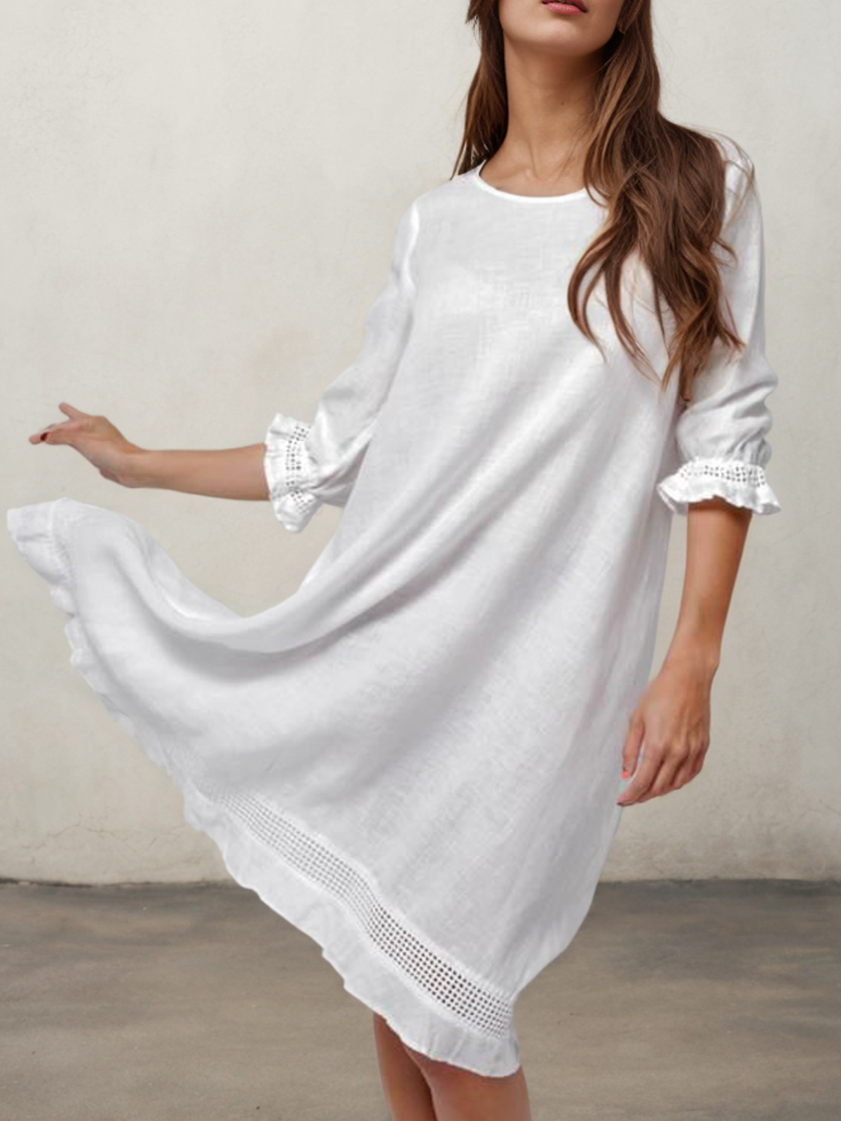 Cotton And Linen Crew Neck Plain Half Sleeve Mini Dress