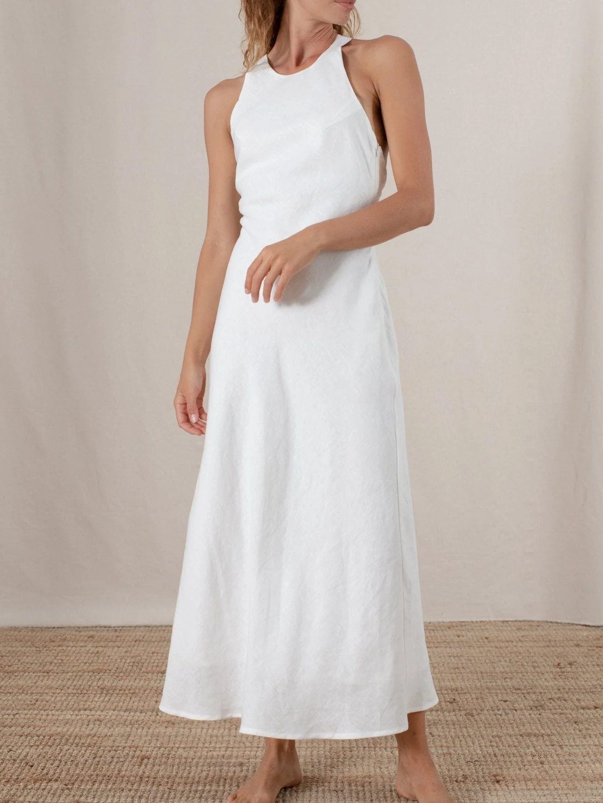 Linen Crew Neck Backless Sleeveless Maxi Dress