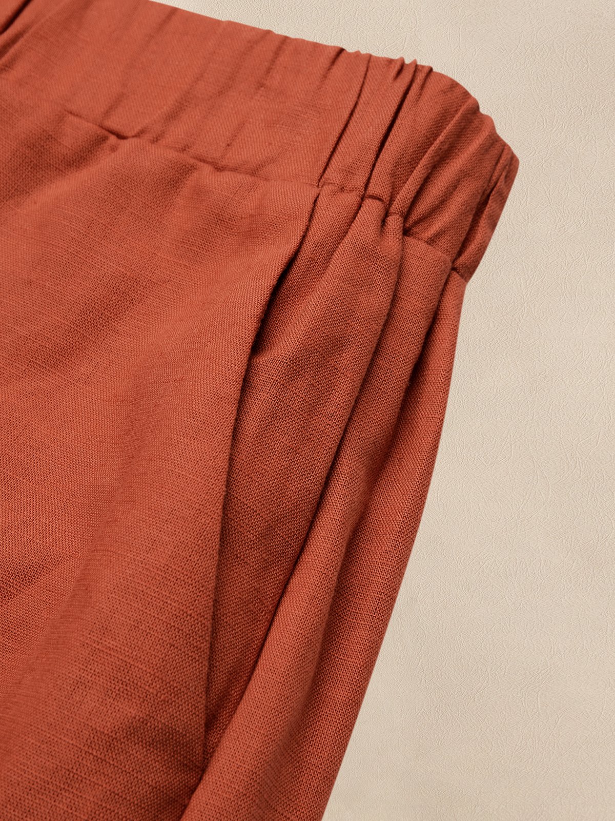 Cotton And Linen Crew Neck Plain Short Sleeve Top With Pants Two-piece Set