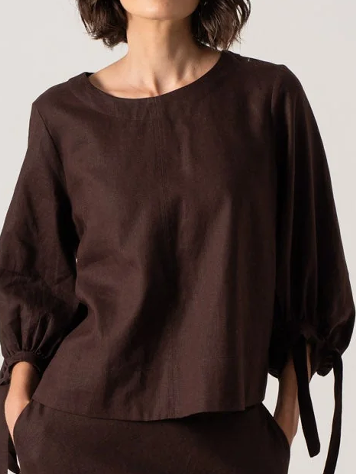 Linen Crew Neck Plain Long Sleeve Blouse