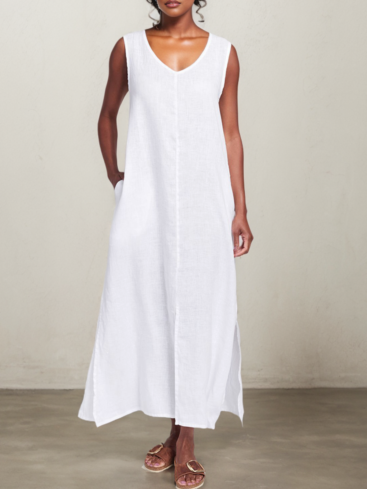 Cotton And Linen V Neck Plain Sleeveless Maxi Dress