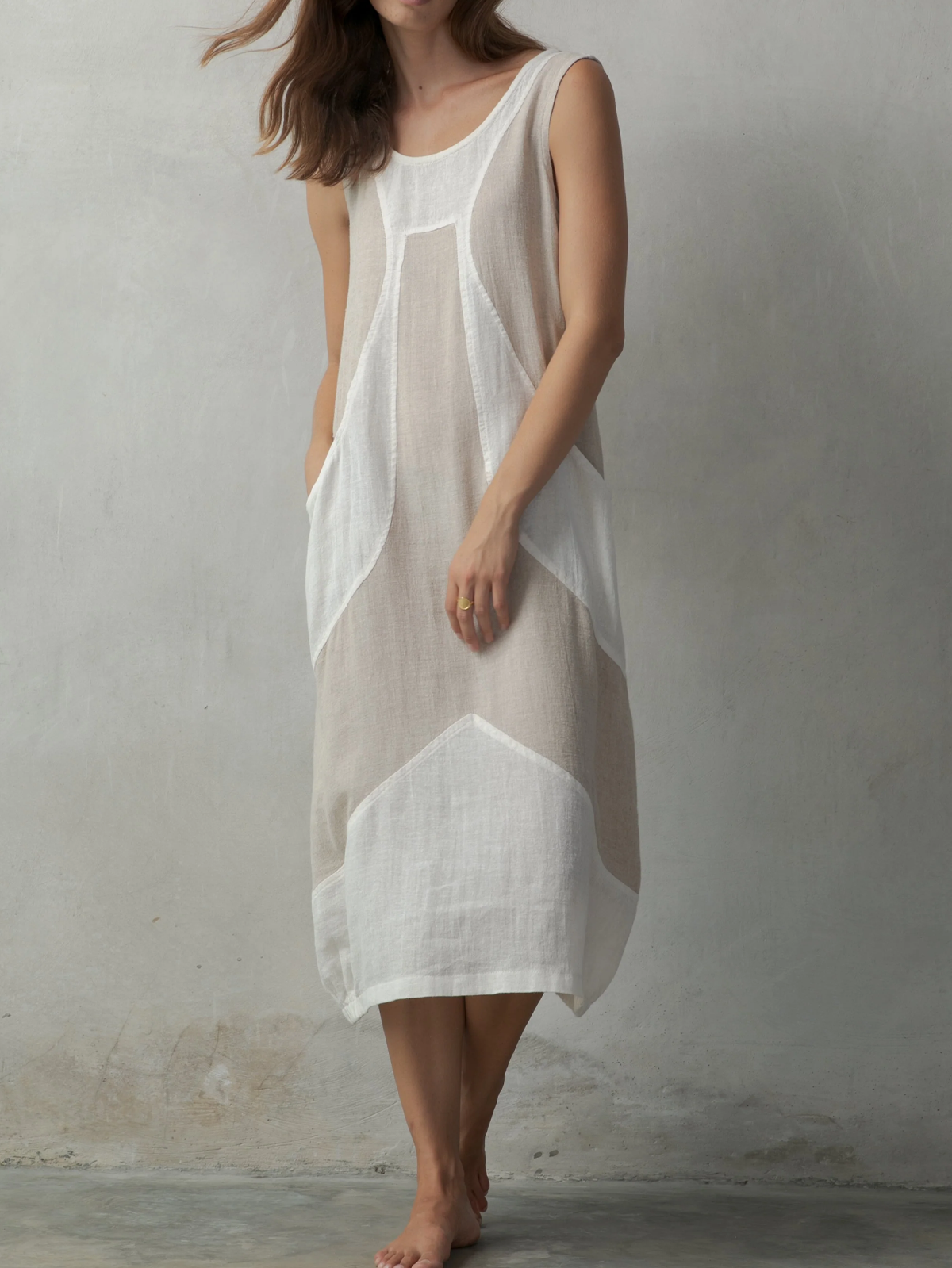 Linen-Cotton Geometric Patchwork Sleeveless Relaxed Fit Minimalist Natural Style Dress