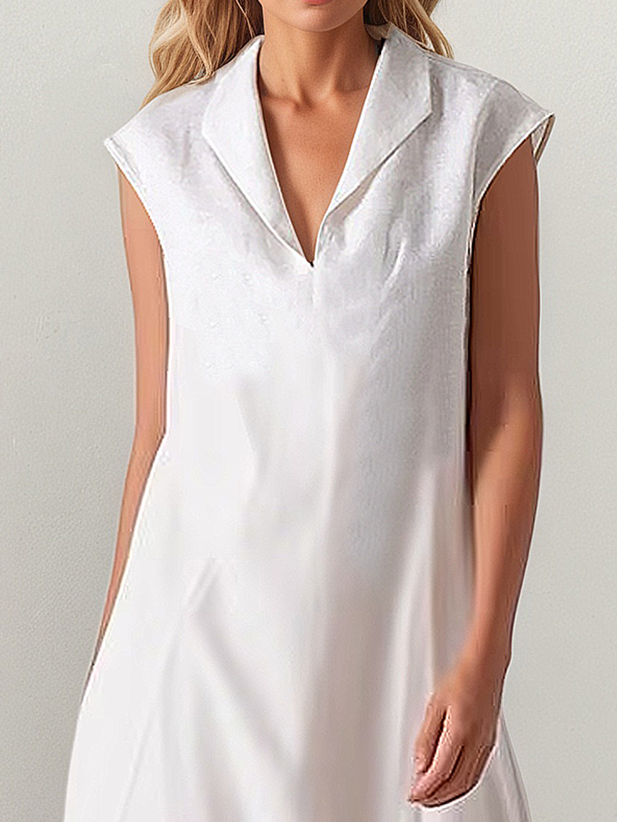 Linen Shawl Collar Plain Cap Sleeve Maxi Dress