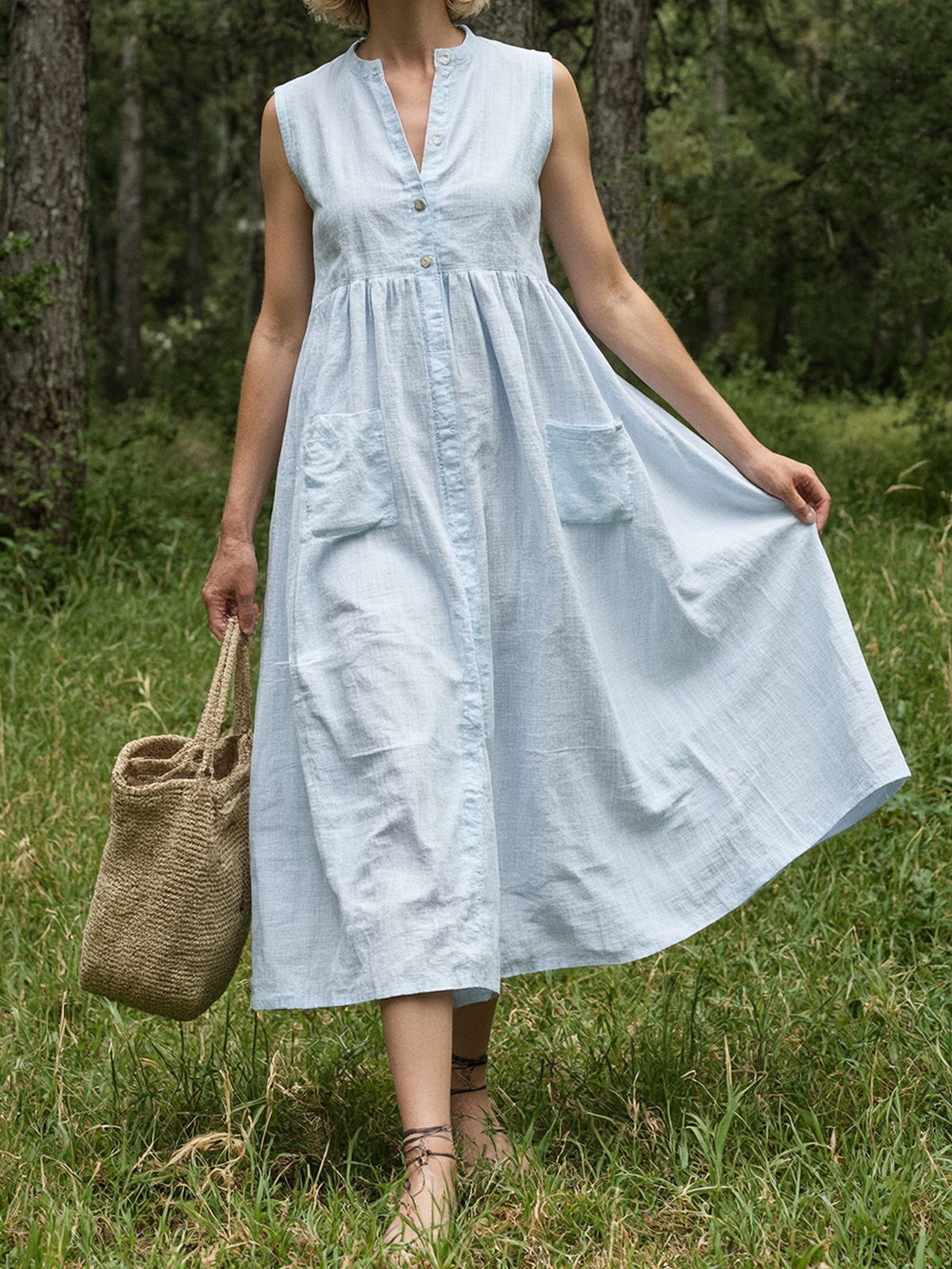 Linen Stand Collar Plain Sleeveless Midi Dress