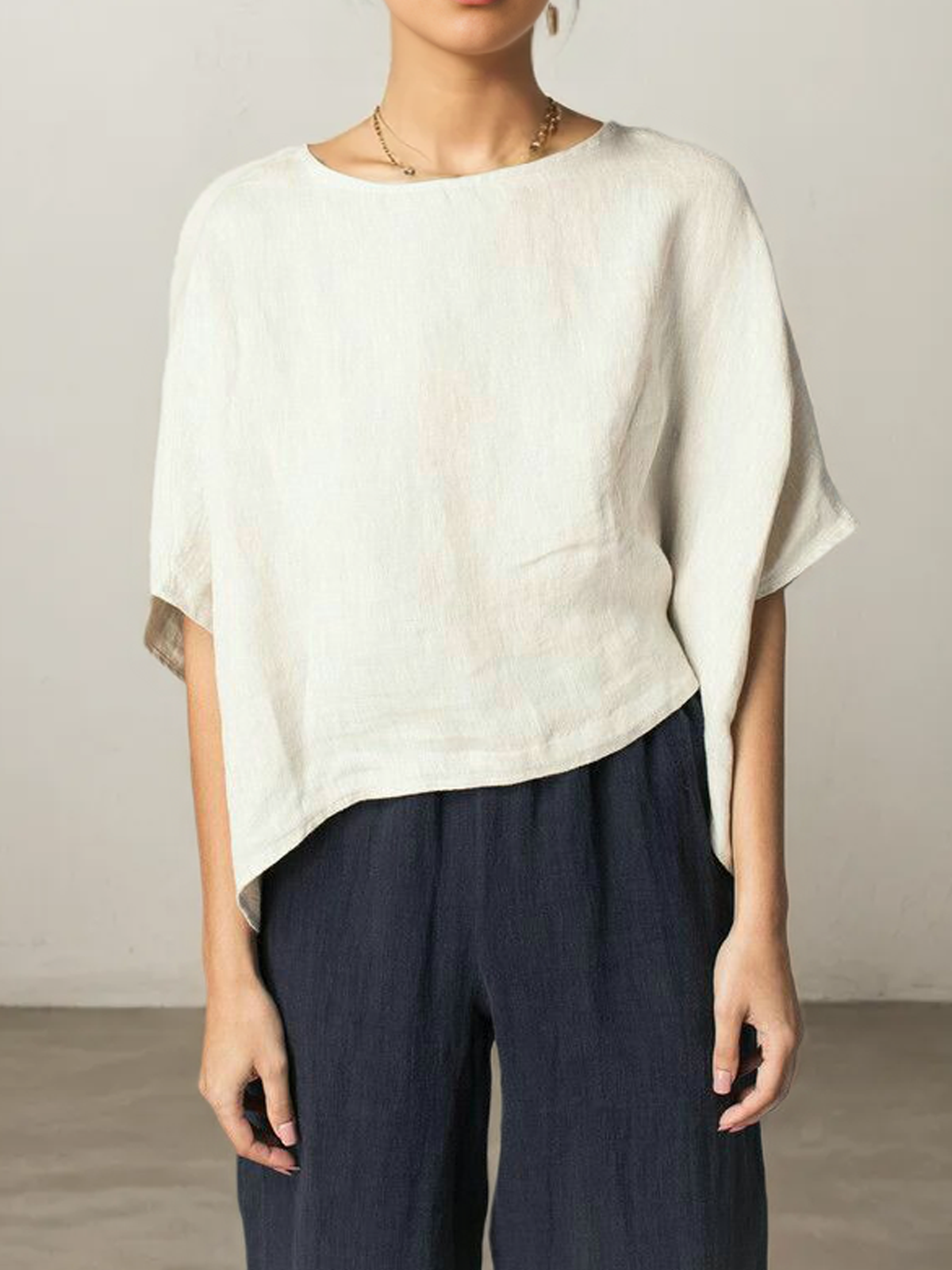 Cotton And Linen Crew Neck Plain Long Sleeve Blouse