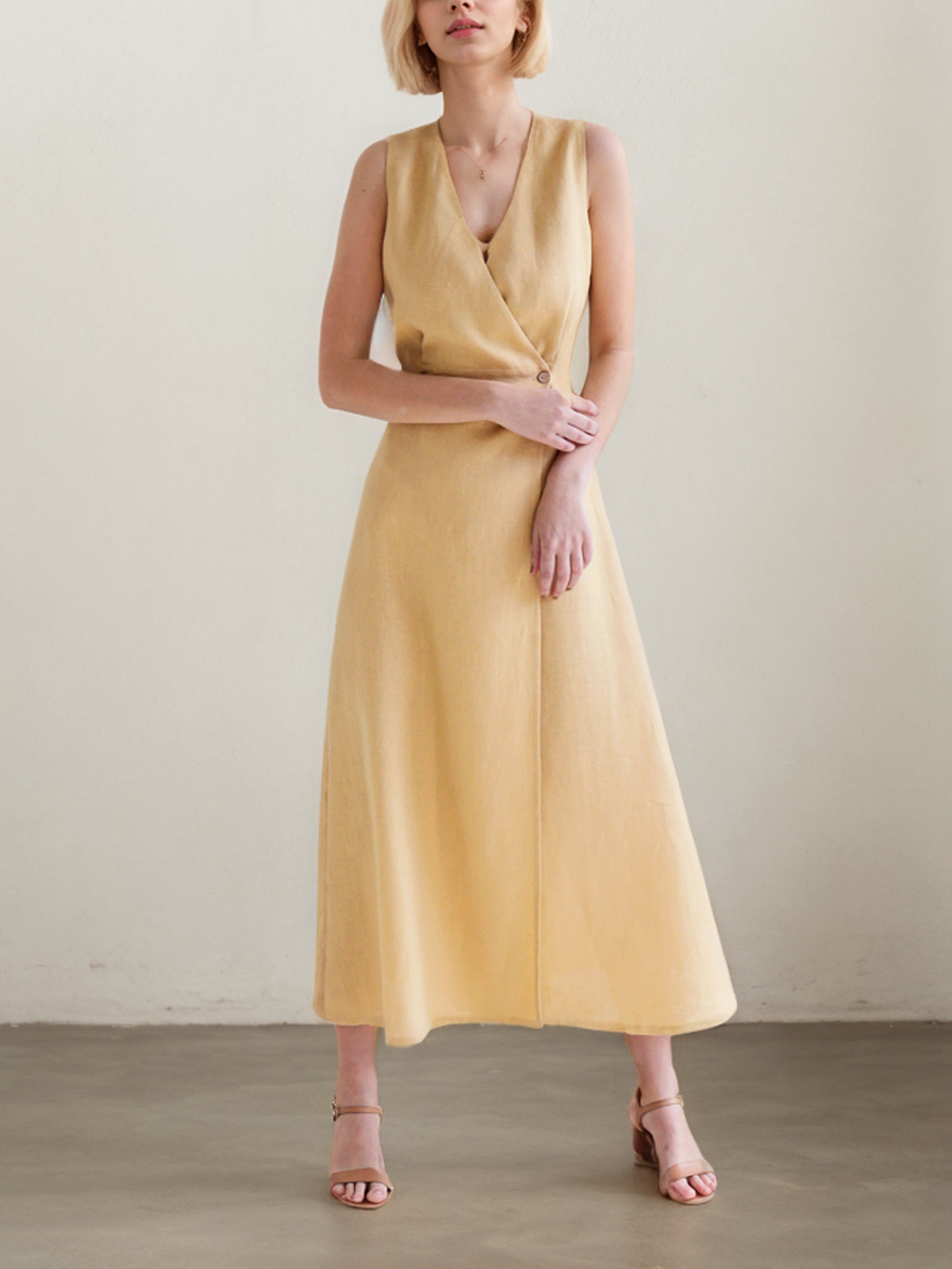 Cotton And Linen V Neck Plain Sleeveless Maxi Dress